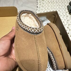 Tan Suede Slippers with Embroidered Trim
